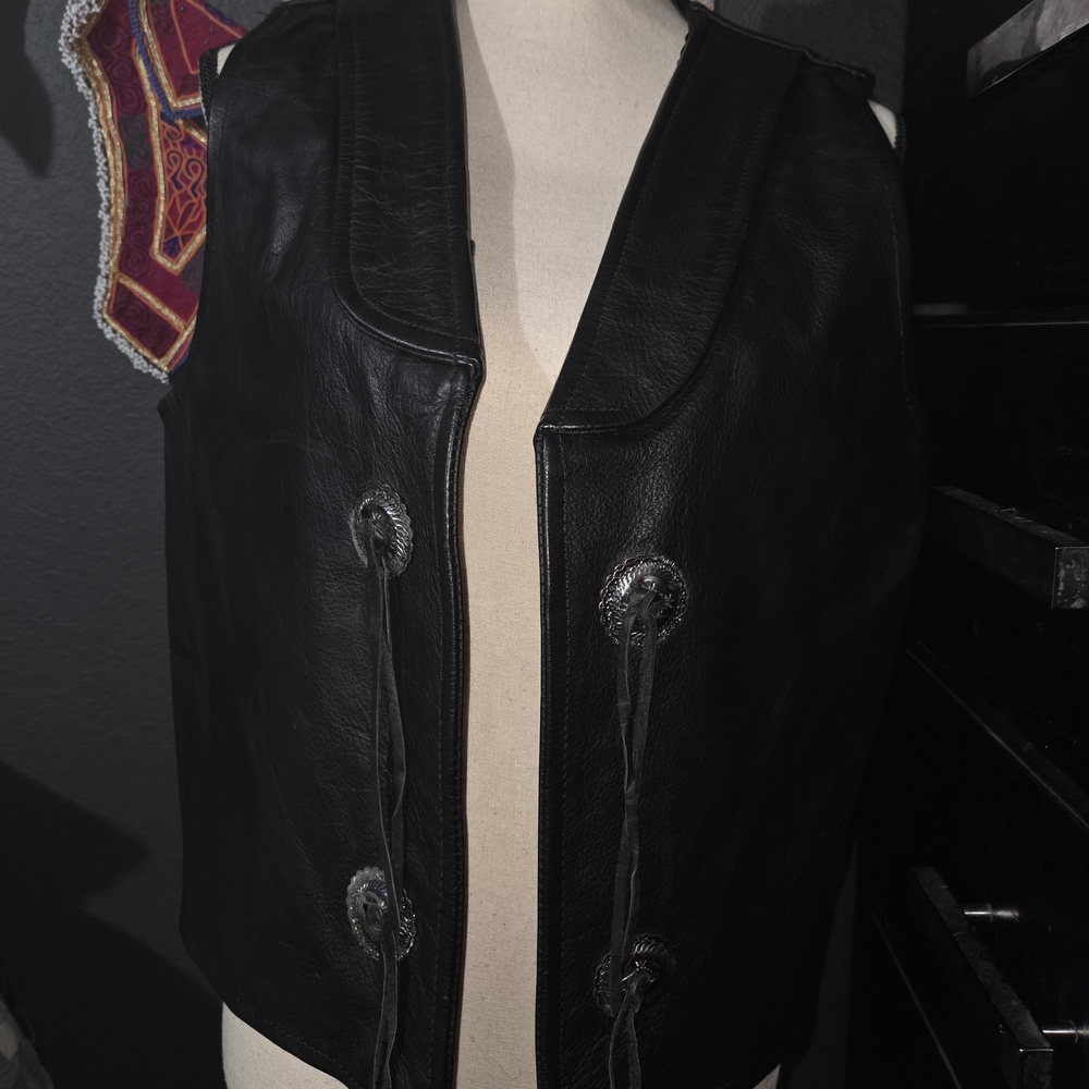 Unik Black Leather Women's Vest with Silver Accents